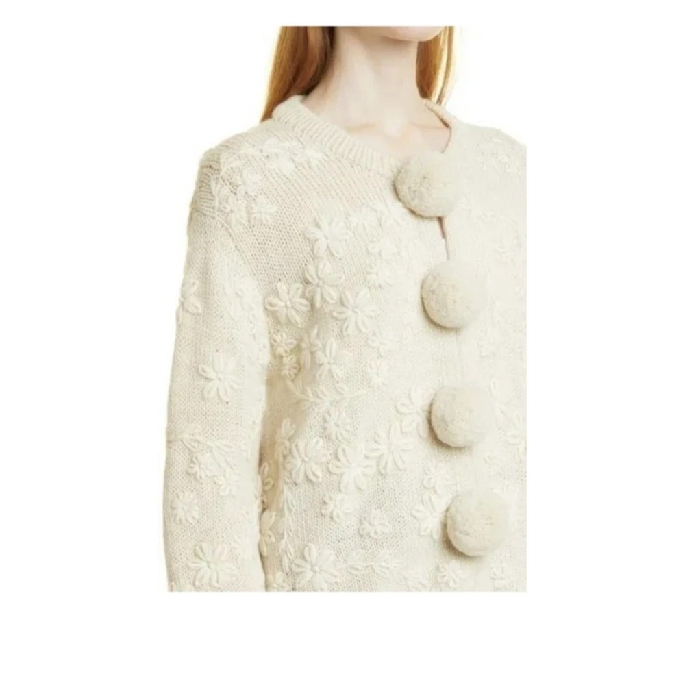 Rebecca Taylor Floral Embroidered Ivory Wool Women's XL Pom Pom Wool Cardigan - Picture 8 of 10